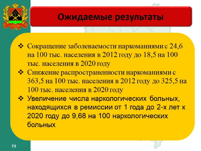 73 73 Ожидаемые результаты – Сокращение заболеваемости наркоманиями с 24,6 на 73 73 Ожидаемые результаты – Сокращение заболеваемости наркоманиями с 24,6 на